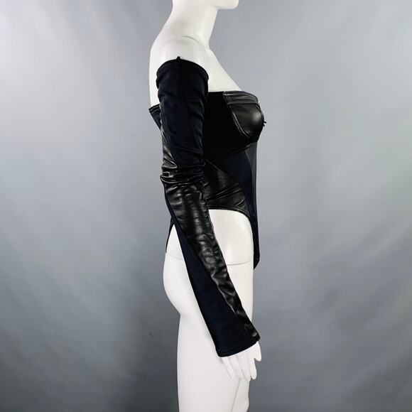 MUGLER Size 2 Black Lambskin Nylon Blend Bodysuit - Picture 2 of 6